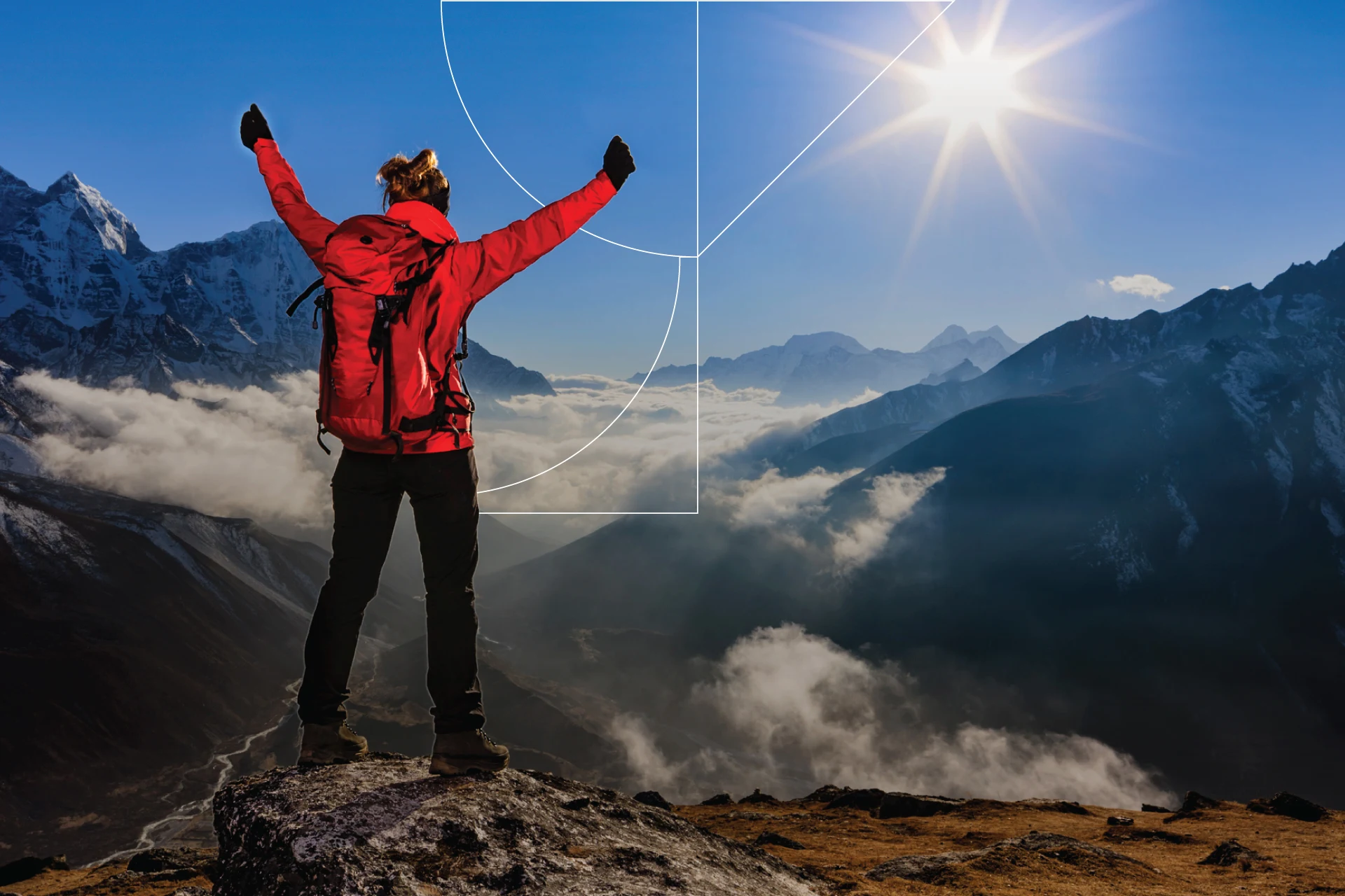 Hiker celebrating on mountain peak for Everest Group Veeva Services PEAK Matrix
