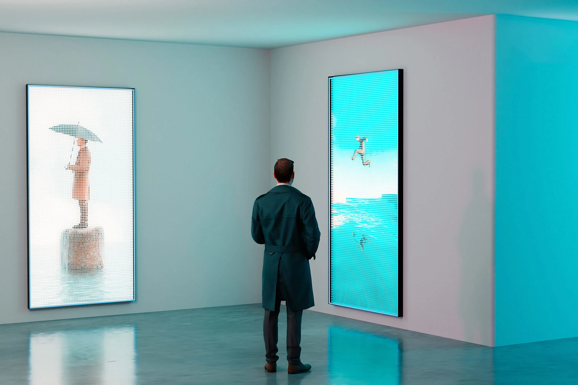 Person observing digital art displays in a modern gallery setting