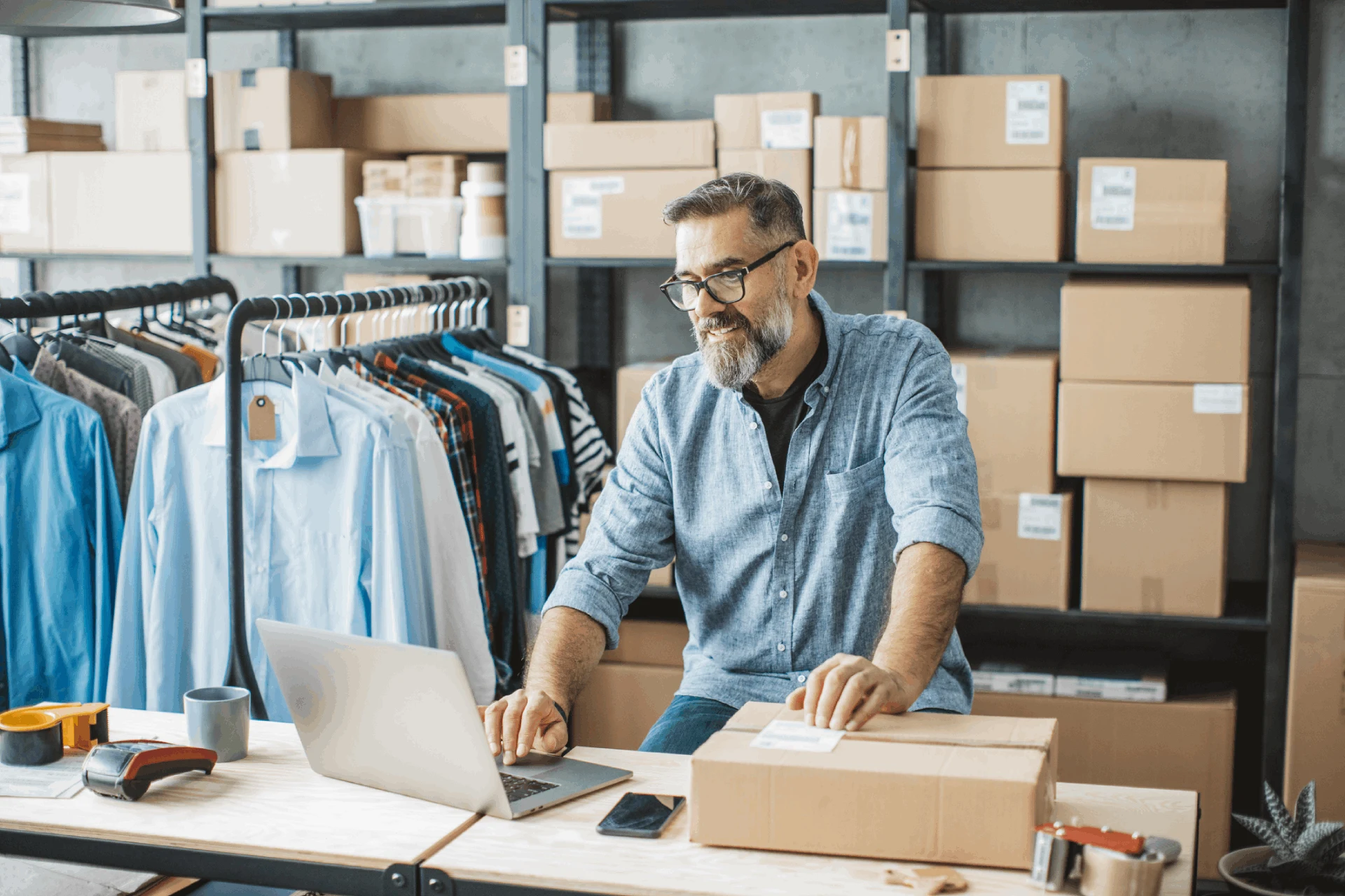 Person working on a laptop with packages and clothing in the background