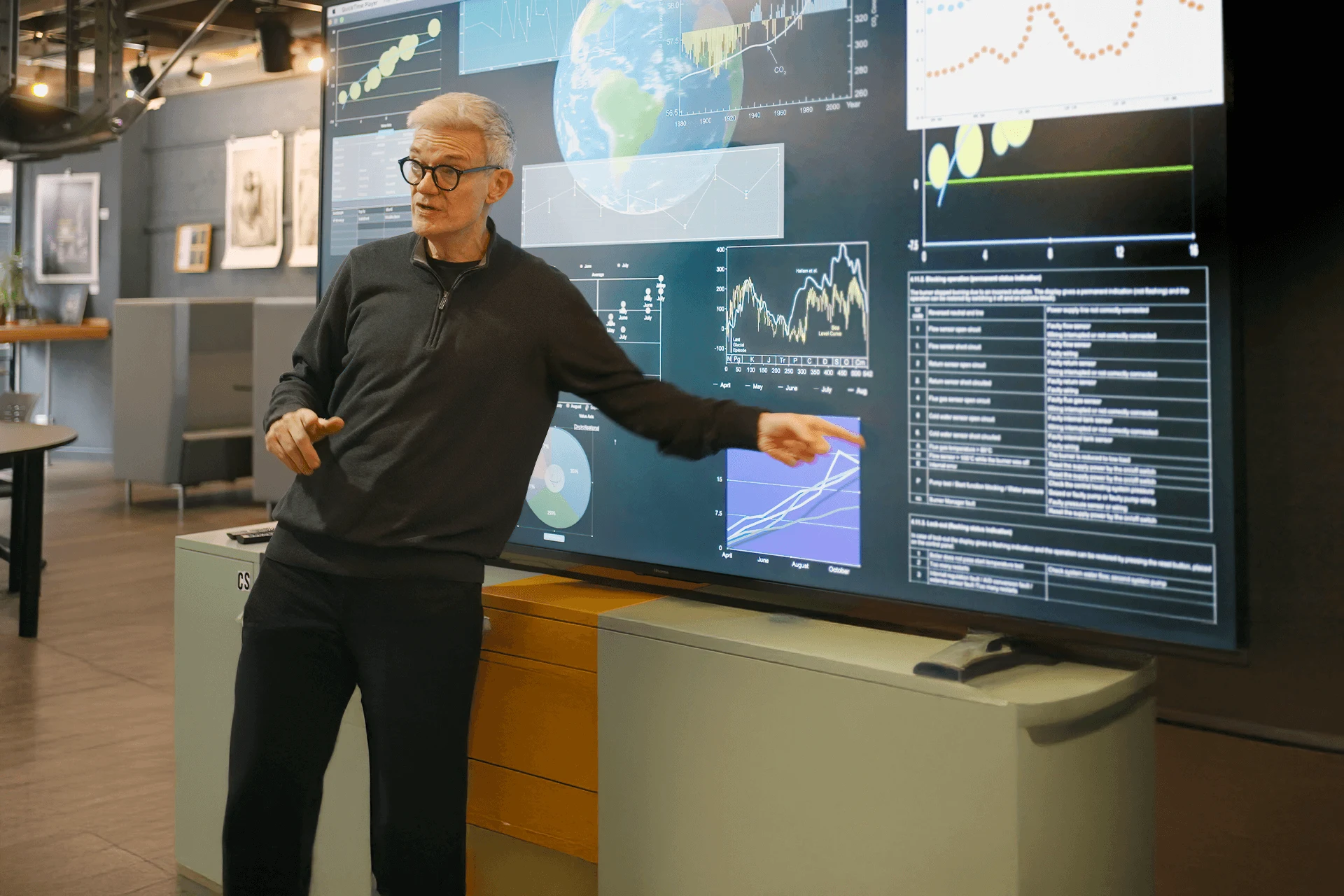 Individual presenting data insights on a screen for Zensar's AI solutions