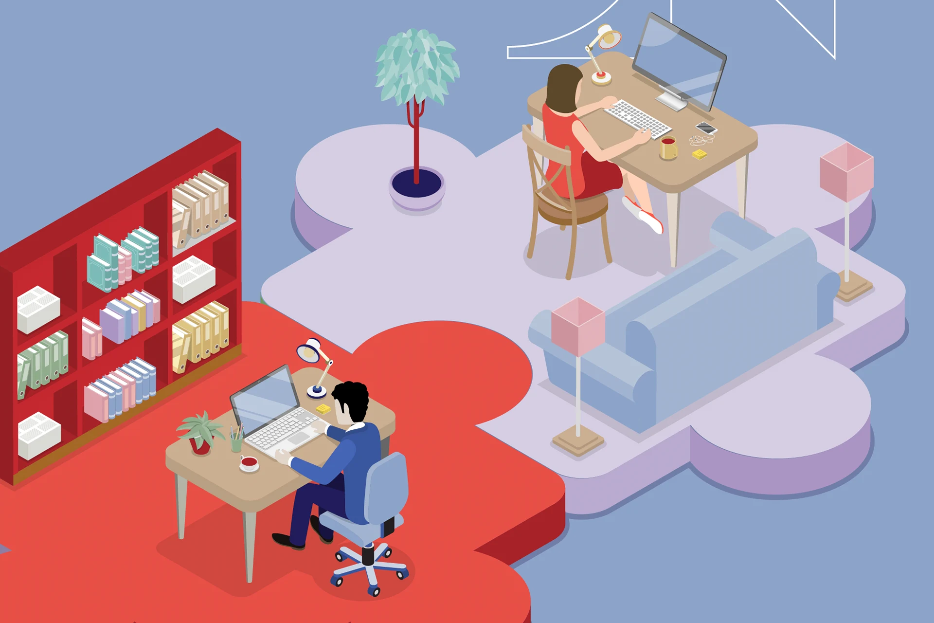 Two professionals working remotely at their desks with bookshelves behind.