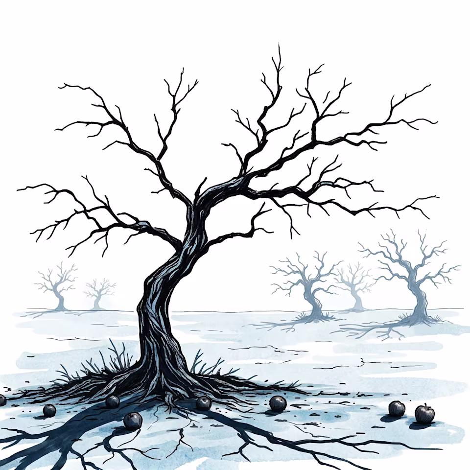 A dying orchard tree with fallen fruit — visual metaphor for Orchard Home Loans
