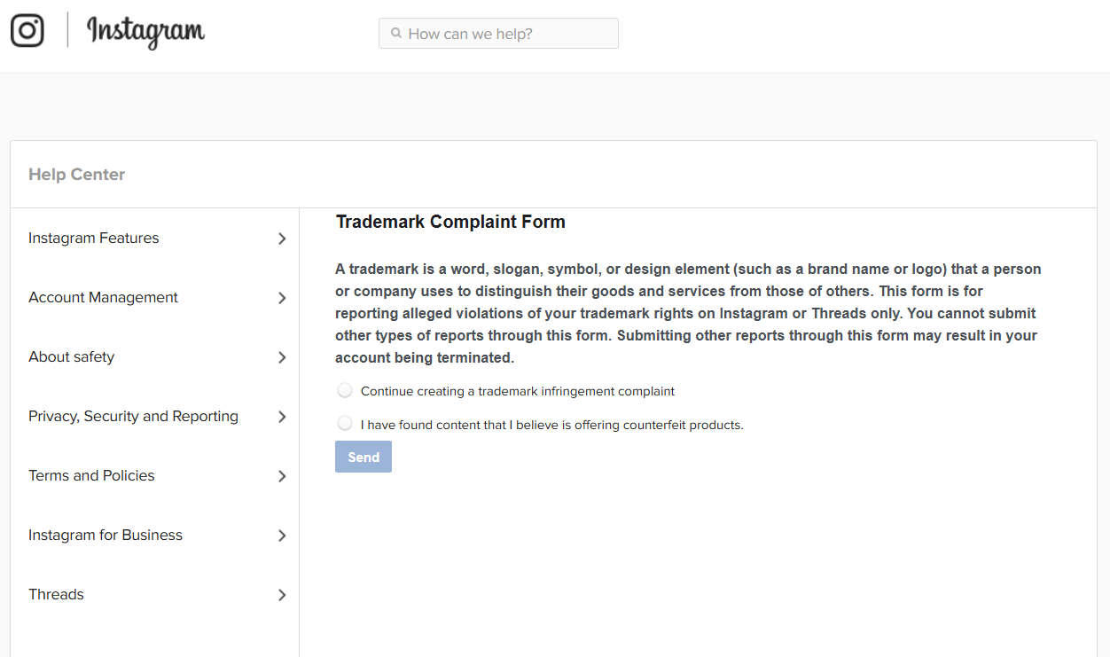 trademark infringement instagram form
