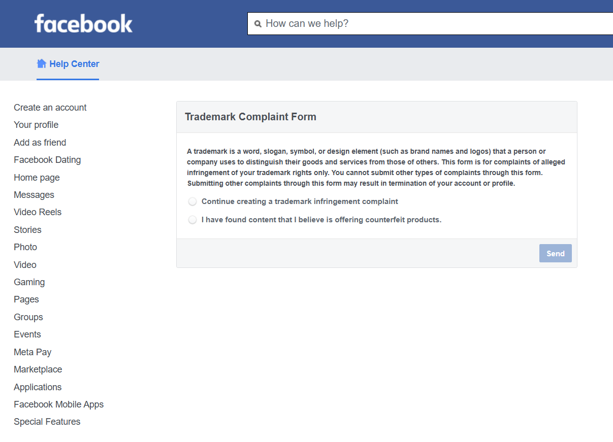 facebook trademark report form