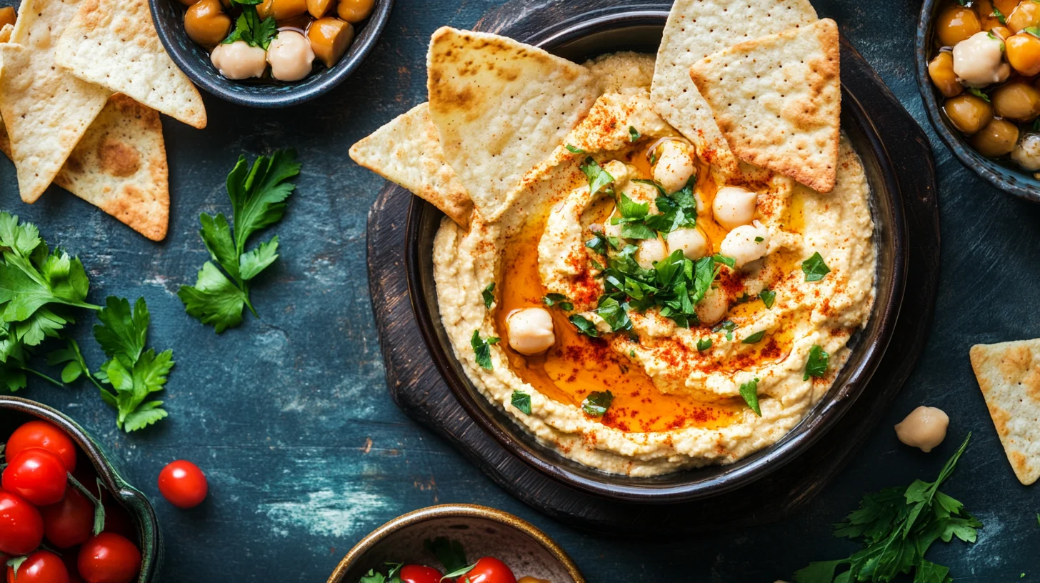 ghanee.step_pita_chips_dipped_in_hummus_with_various_food_on_th_9e2eb849-a979-4048-9223-63b3ae8063df.png