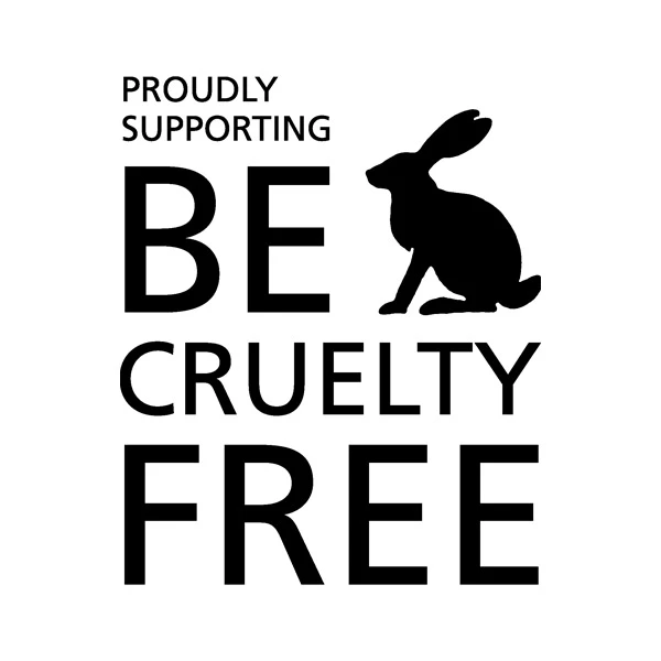 Tulisan "Dengan bangga mendukung Be Cruelty Free" dan siluet kelinci