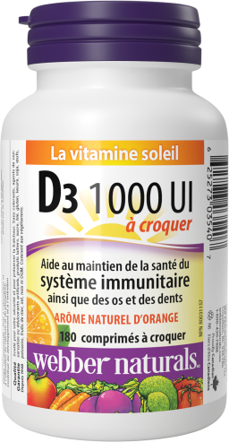 Vitamine D3 à croquer  1 000 UI  180 comprimés à croquer Arôme naturel d’orange