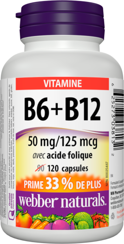 Vitamine B6+B12 avec Acide Folique  50 mg/125 mcg  120 capsules
