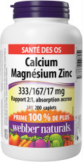 Calcium Magnésium Zinc Rapport 2:1, absorption accrue 333/167/17 mg