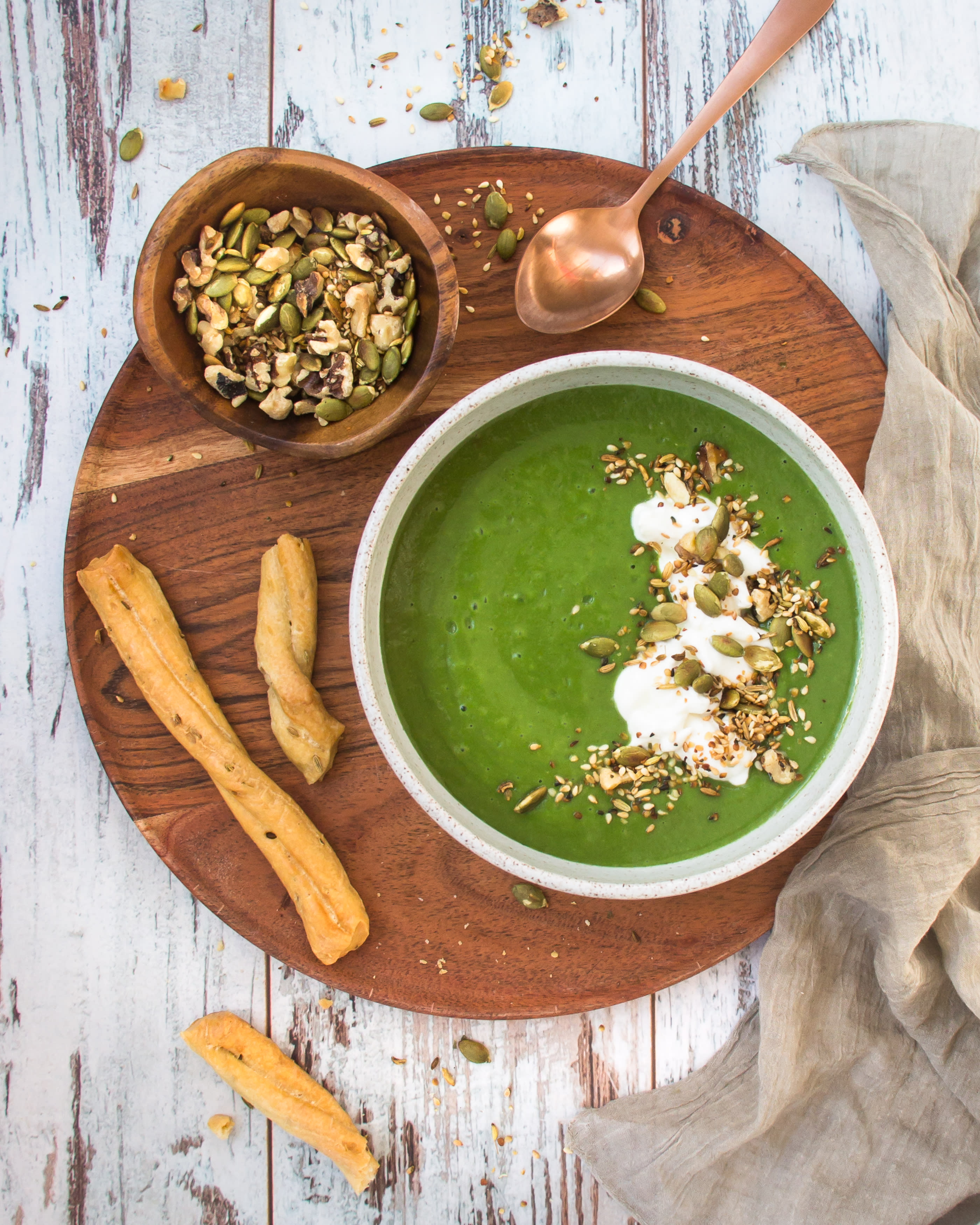 Green Soup with Crunchy Protein Topping Recipe