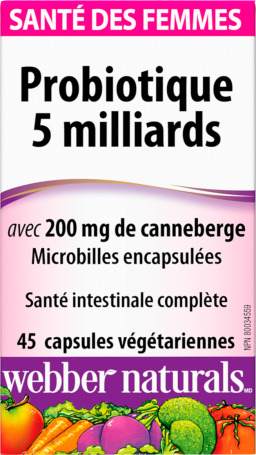 Probiotique 5 milliards avec 200 mg de canneberge  Probiotique 5 milliards avec 200 mg de canneberge  45 capsules végétariennes