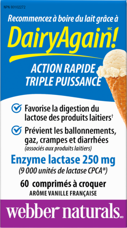 Dairy Again!(MC) Enzyme lactase  250 mg  60 comprimés à croquer arôme vanille française