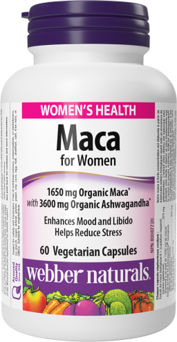 Maca for Women  1650 mg Organic Maca*
with 3600 mg Organic Ashwagandha*  60 Vegetarian Capsules