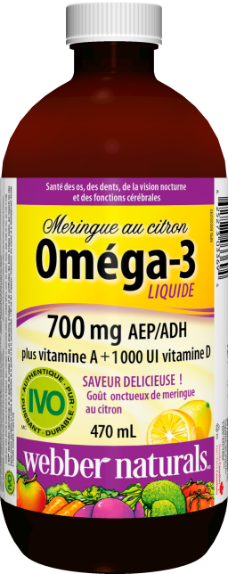 Liquide Oméga-3  Plus vitamine A + 1 000 UI vitamine D   700 mg AEP/ADH  470 mL liquide Meringue au citron