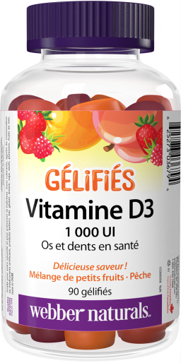 Vitamine D3 gélifiés  1 000 UI  90 gélifiés mélange de petits fruits · pêche