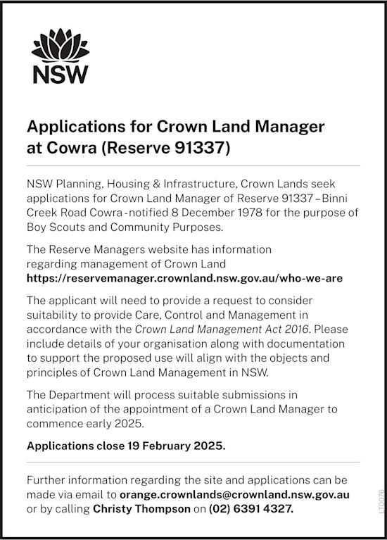 NSW Applications for crown land manager at cowra reserve