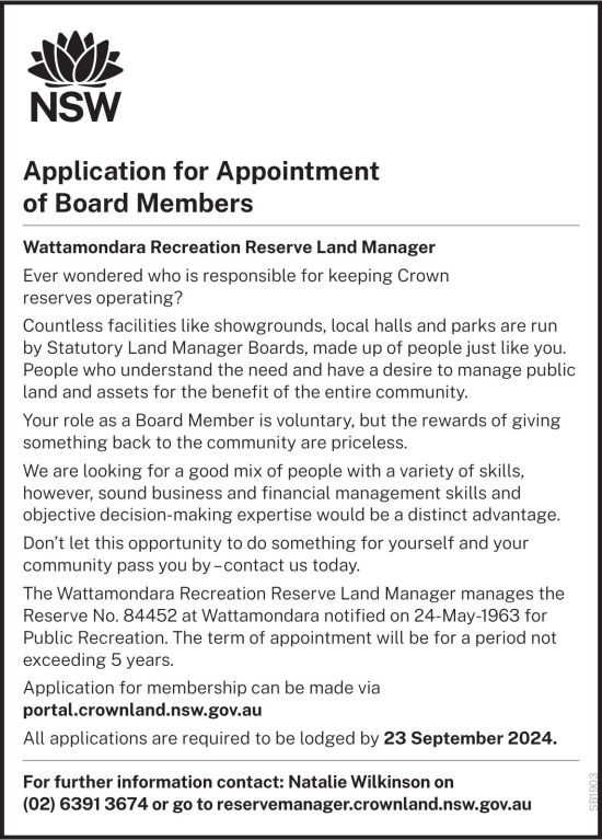 NSW Board Members Application For Appointment - wattamondara