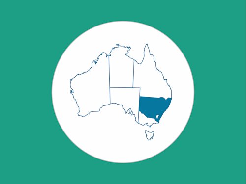 grreen backgroud white circle and map of Australia in the center highlighting NSW in blue