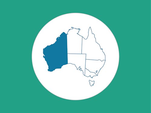 green background, white circle, map of Australia in the center highlighting WA in blue