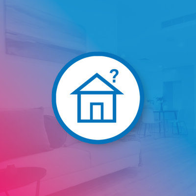 blue background with house icon and question mark in white circles