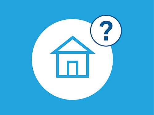 Blue background with house icon in blue centred in white, question mark in dark blue also in a white circle in the top right corner