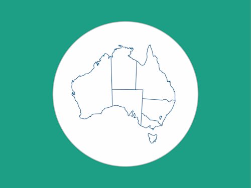 green background, white circle and map of Austalia with a blue outline in the center