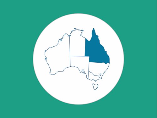 green background, white circle and map of Australia highlighting Queensland