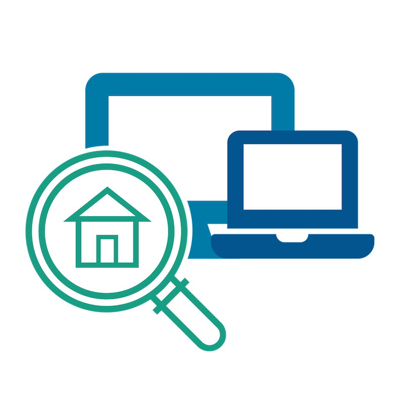 desktop and laptop icon in blue and the housing seeker icon(magnifying glass and house in the middle) in green