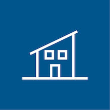 icon of a granny flat, white outline, blue background