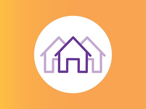 yellow background, three house icons with purple outline in a white circle