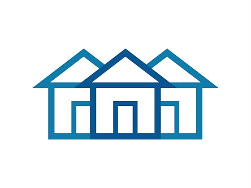 three house icons, one dark blue and two light blue on a white background