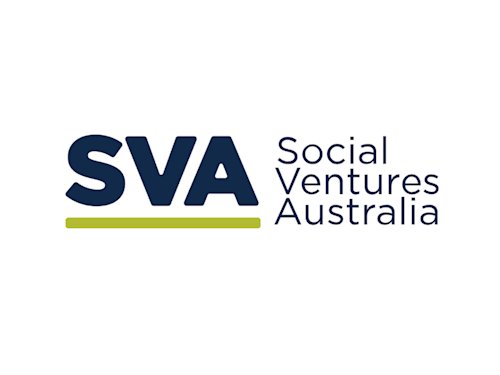 SVA logo, letters SVA in dark blue with a green line underneath, stacked text Social Ventures Australia also in dark blue