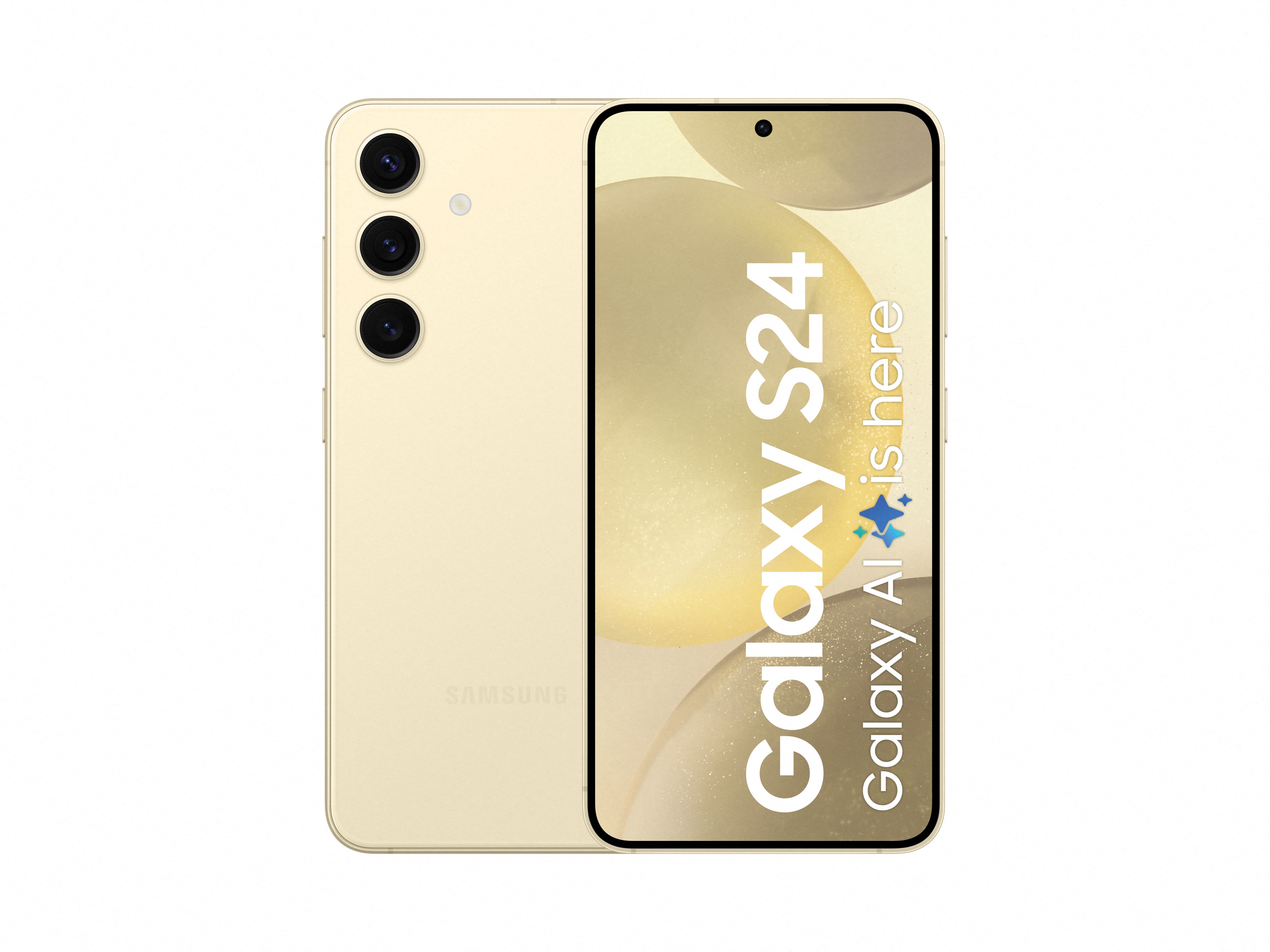 sm s921 galaxys24 front logo AI is Here amberyellow 231110