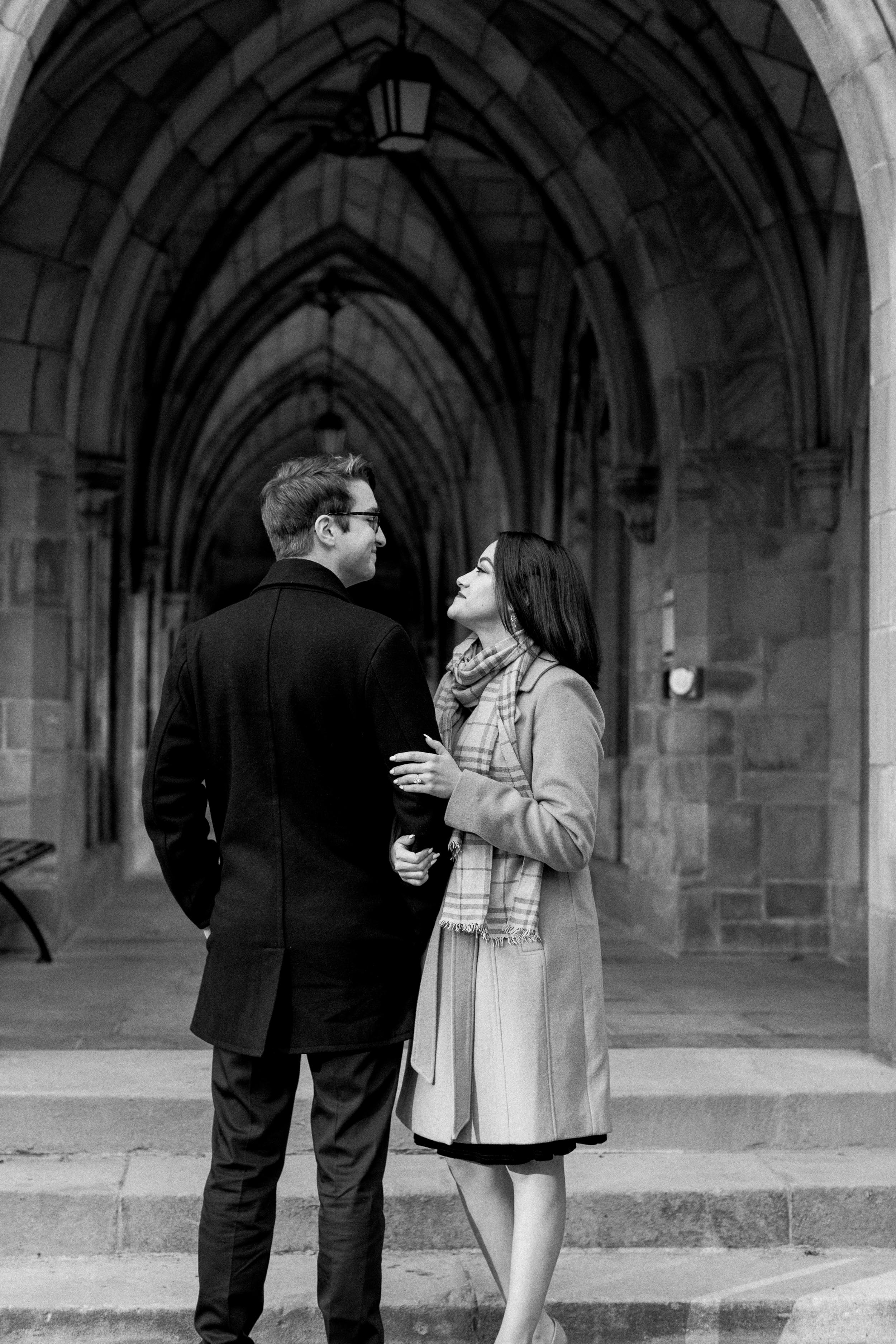 Black and white classic photos at University of Chicago campus engagement session | Chicago engagement photographer | Chicago engagement photo locations | Winter engagement in Chicago | Where to take Chicago engagement photos | Chicago skyline engagement