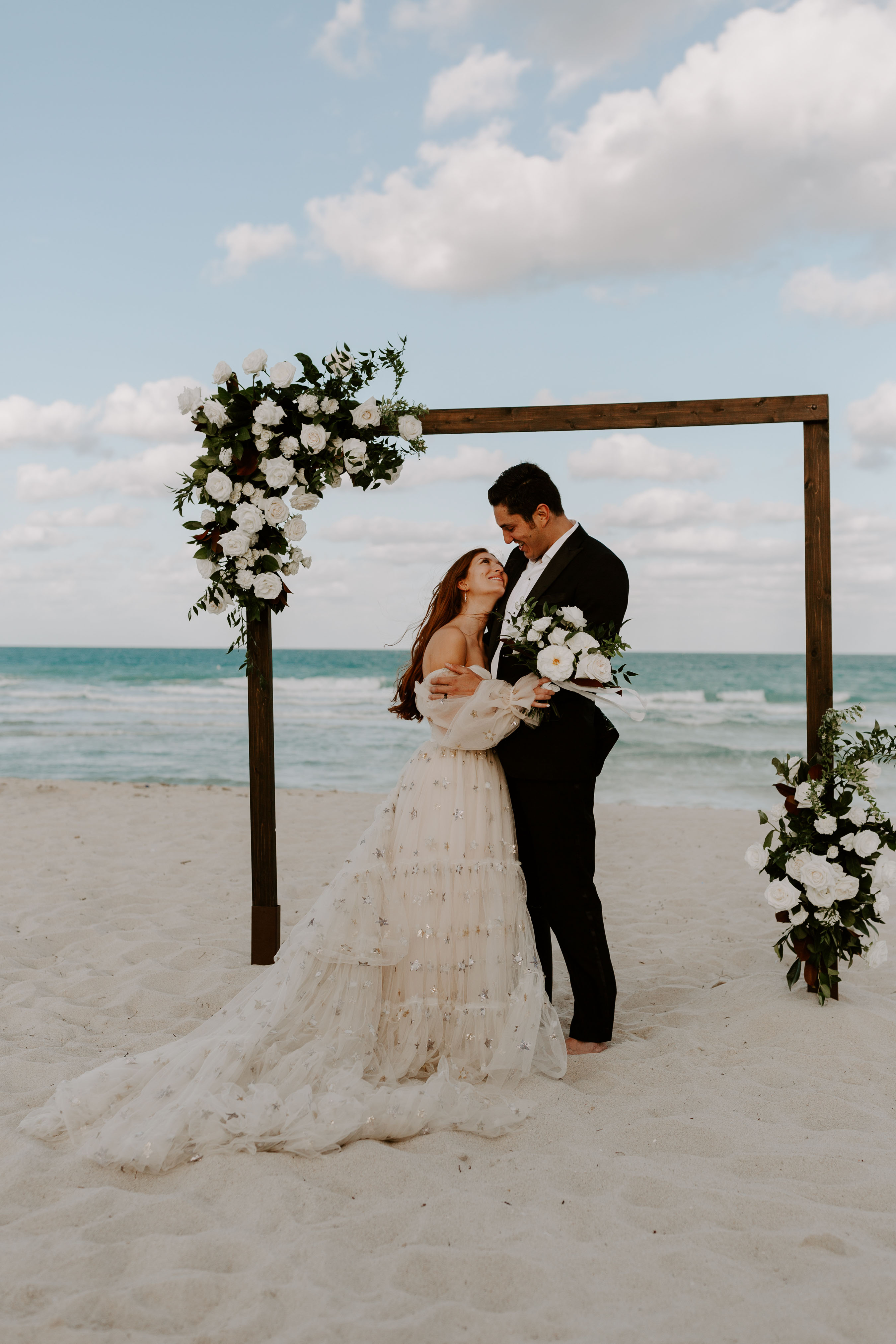 Miami Beach Elopement Wedding Arch with Floral Arrangement
