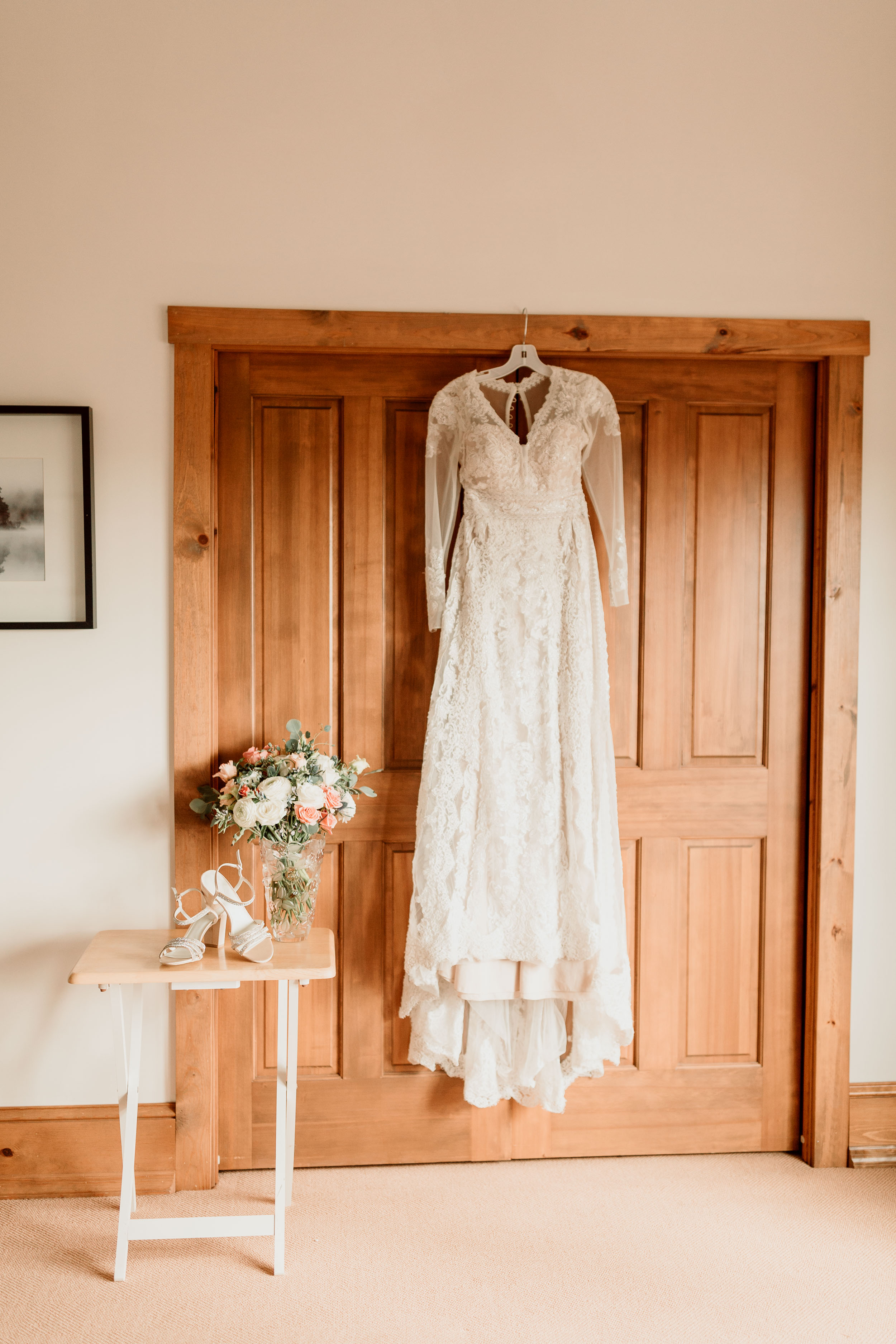 Wedding dress with sleeves detail getting ready photo | Galena Illinois Airbnb Wedding | Wedding Photographer | Eagle Ridge Galena Wedding | Outdoor Wedding Inspiration | Small Intimate Elopement Wedding