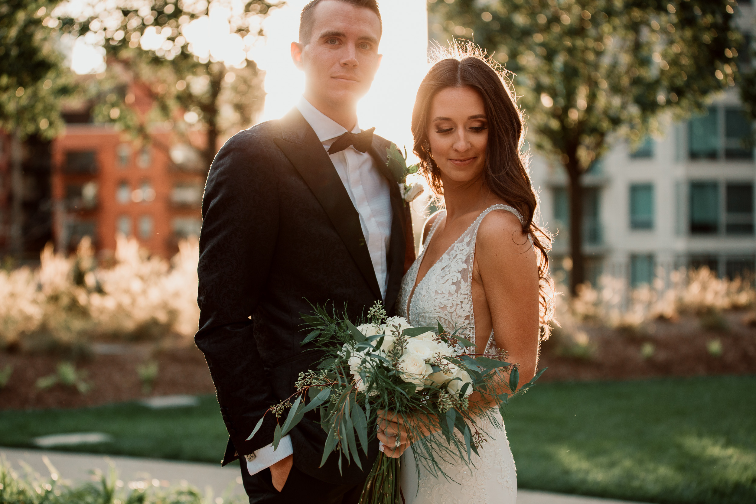 golden hour wedding portraits with bride and groom