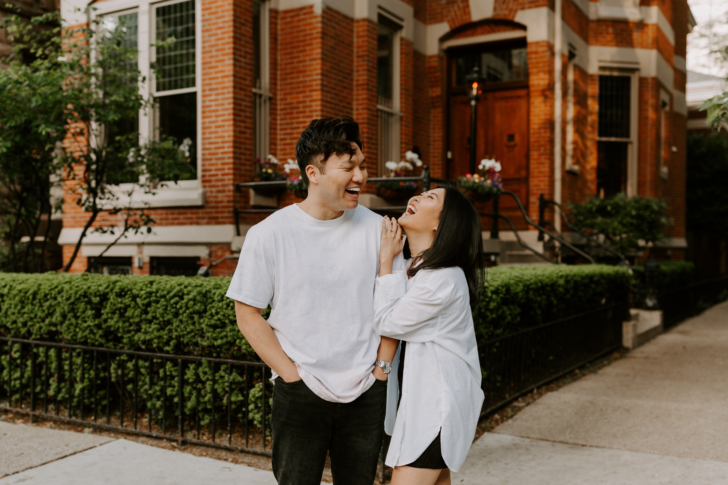 Natural moments between a couple during their Gold Coast Chicago engagement photo session