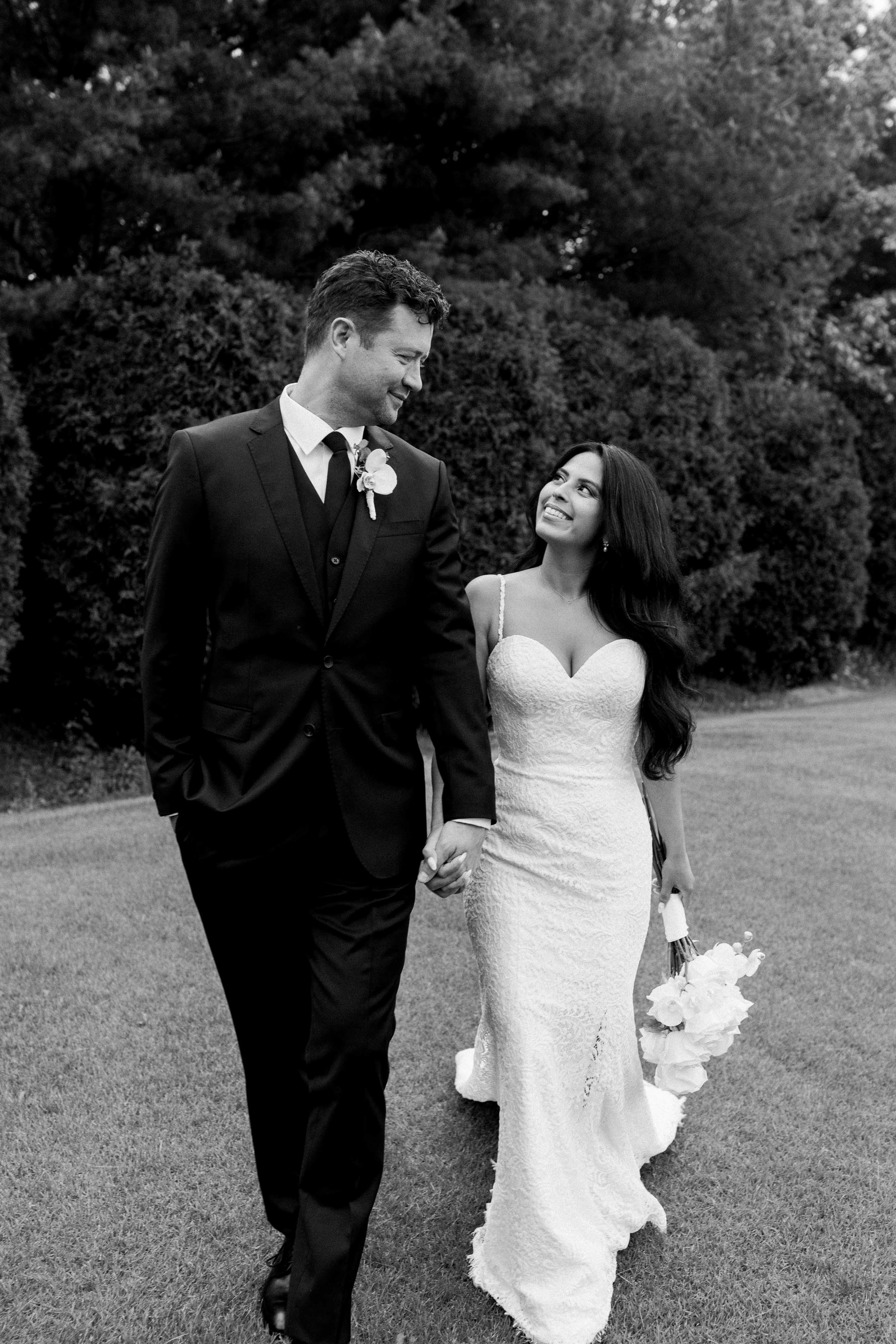 Black and white bridal portraits at backyard wedding