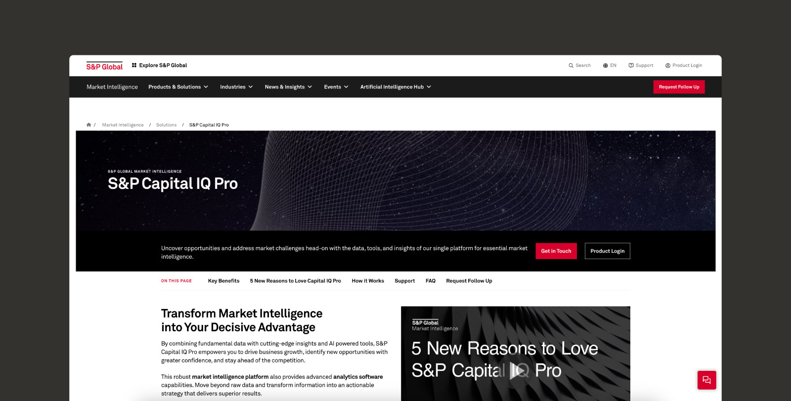 A screenshot of S&P Capital IQ Pro's product page.