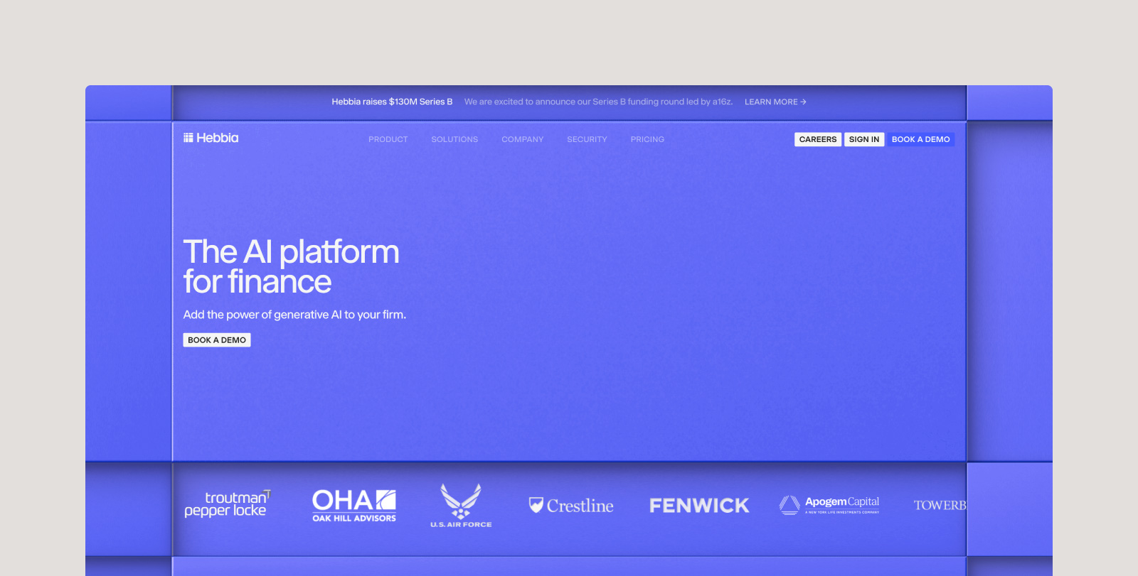 Screenshot of the Hebbia homepage.