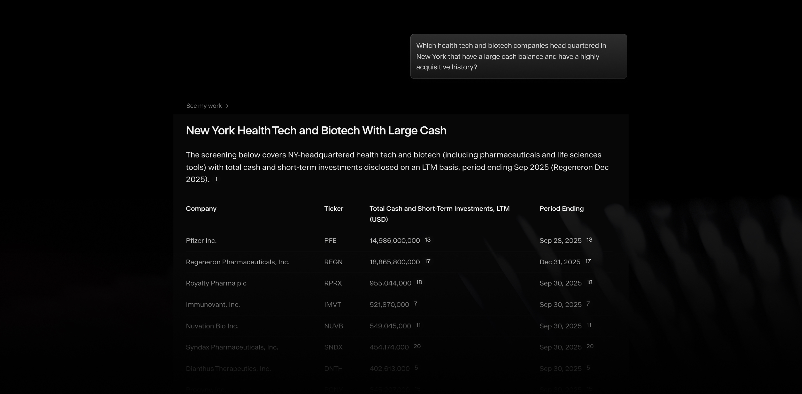 AI screening for public companies
With Hebbia, you can screen public companies by location, growth trajectory, sub-industry, and financials—all in a chat prompt. Ideal for building target lists, sourcing deals, or scoping buyer universes.