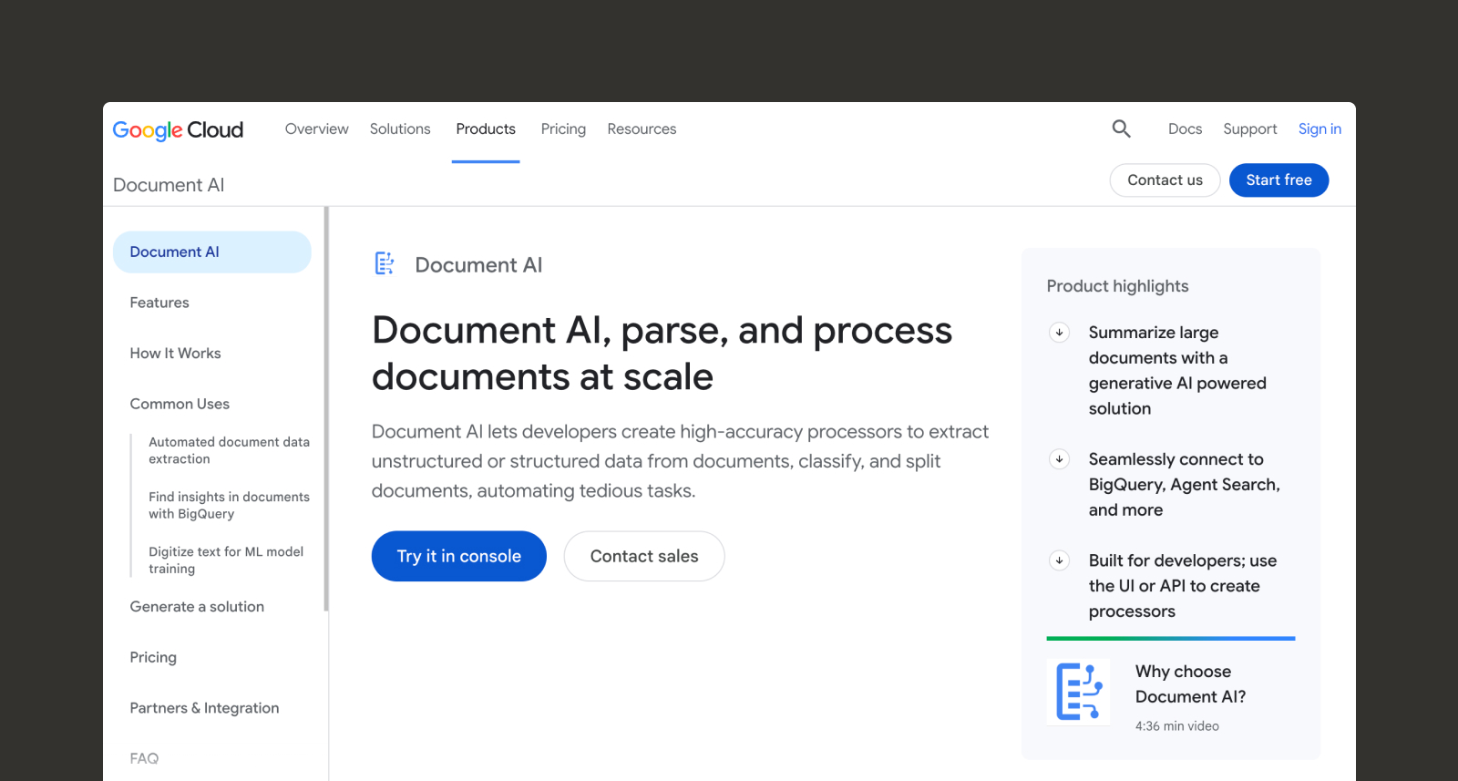 A screenshot of the Google Document AI website.