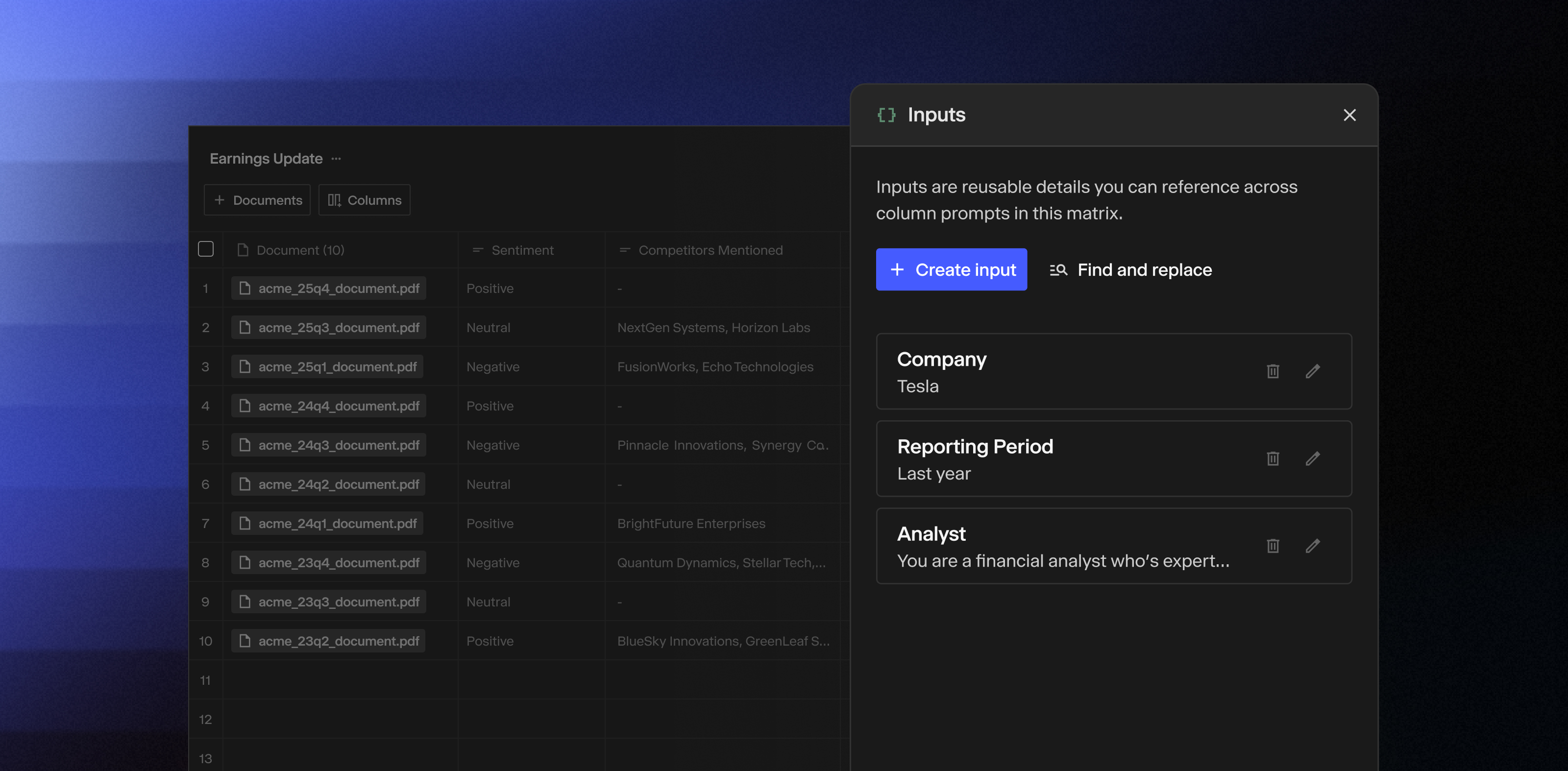 Image showing that you can now make changes to context fields and reusable variables—like company, date, region—in the Matrix input section of Hebbia and have it update across every column. This will make your workflows faster and Matrix even easier to use.