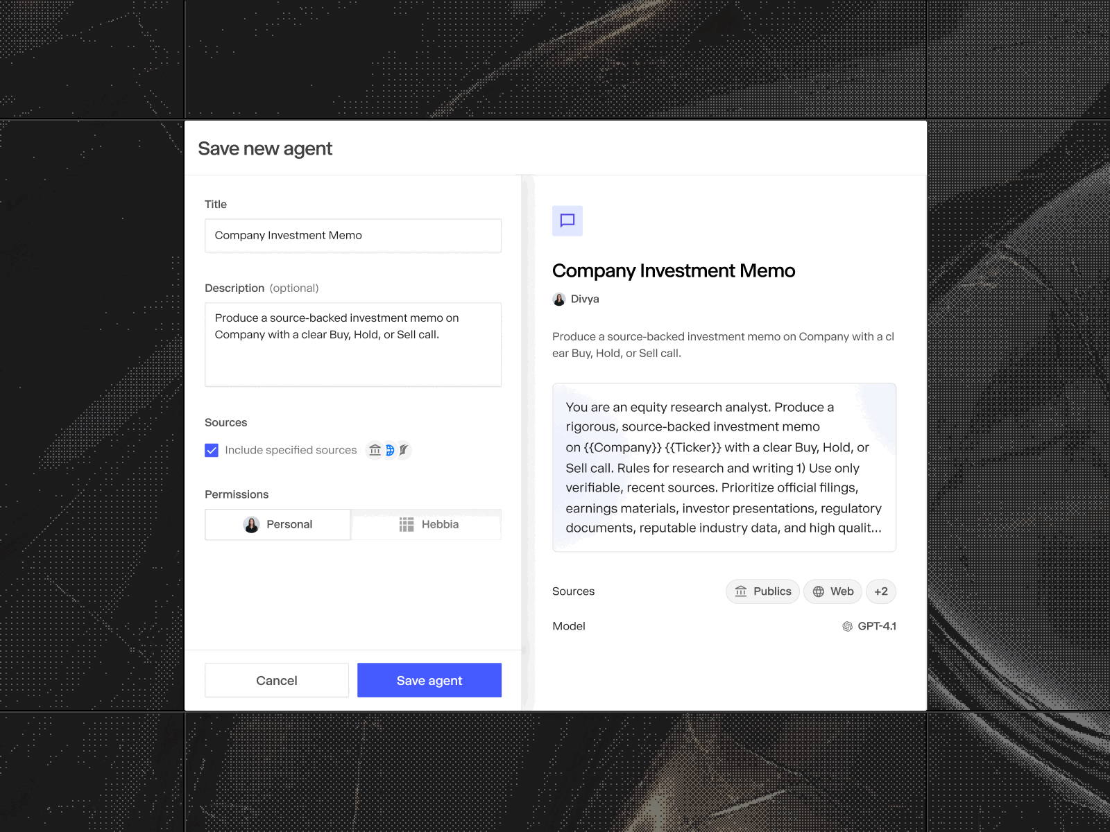 Build one-click Agents to jump start Meeting Prep, generate IC Memos, or analyze Credit Agreements.