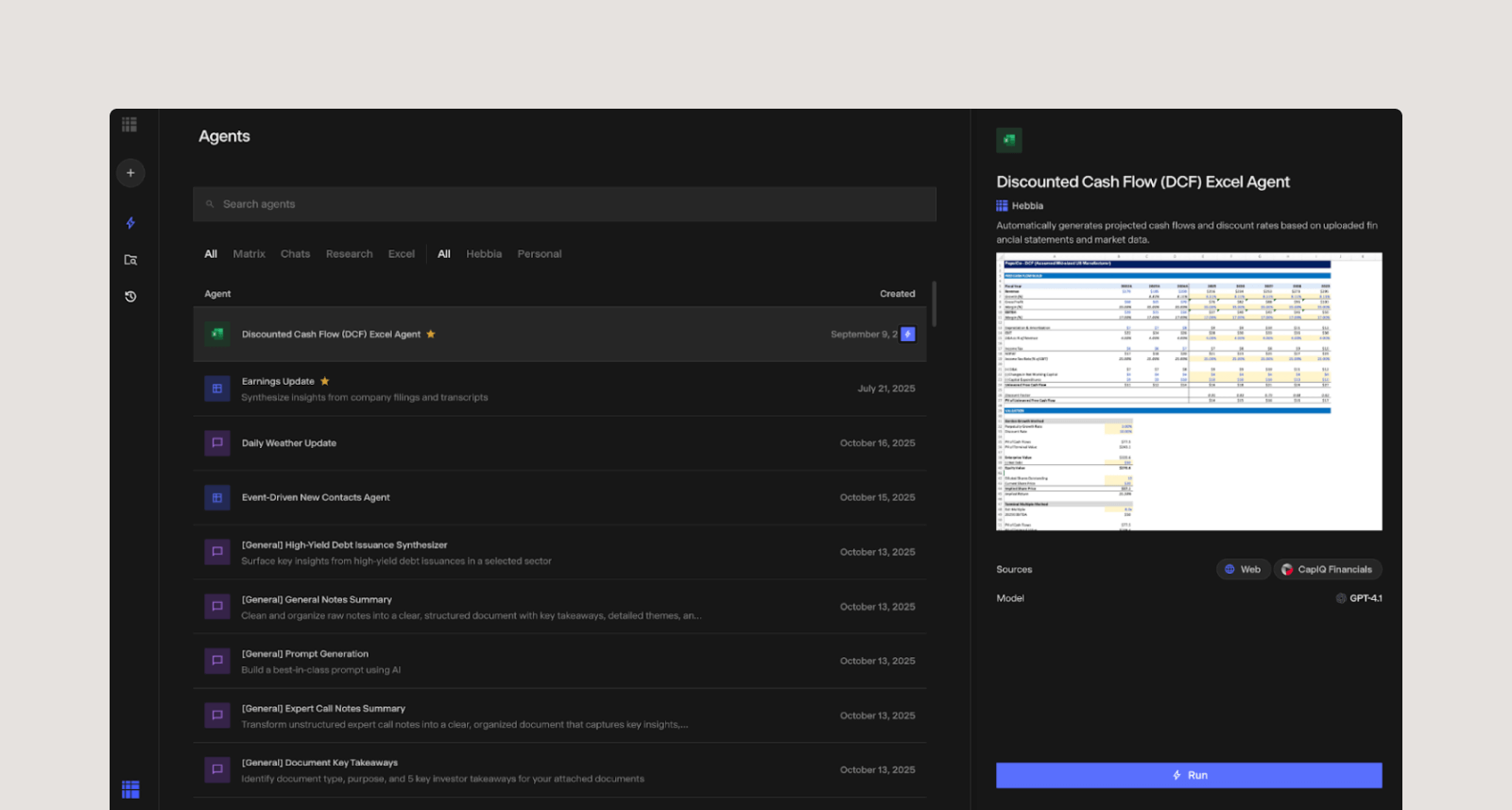 Screenshot of Hebbia’s DCF agent, used to support public equity workflows.