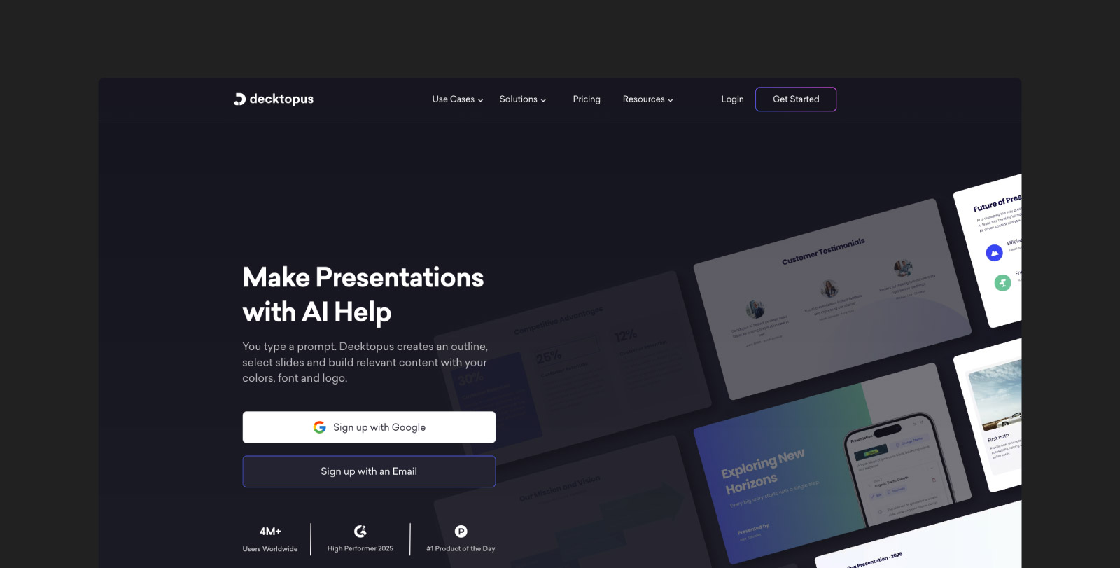 A screenshot of Decktopus‘ homepage.