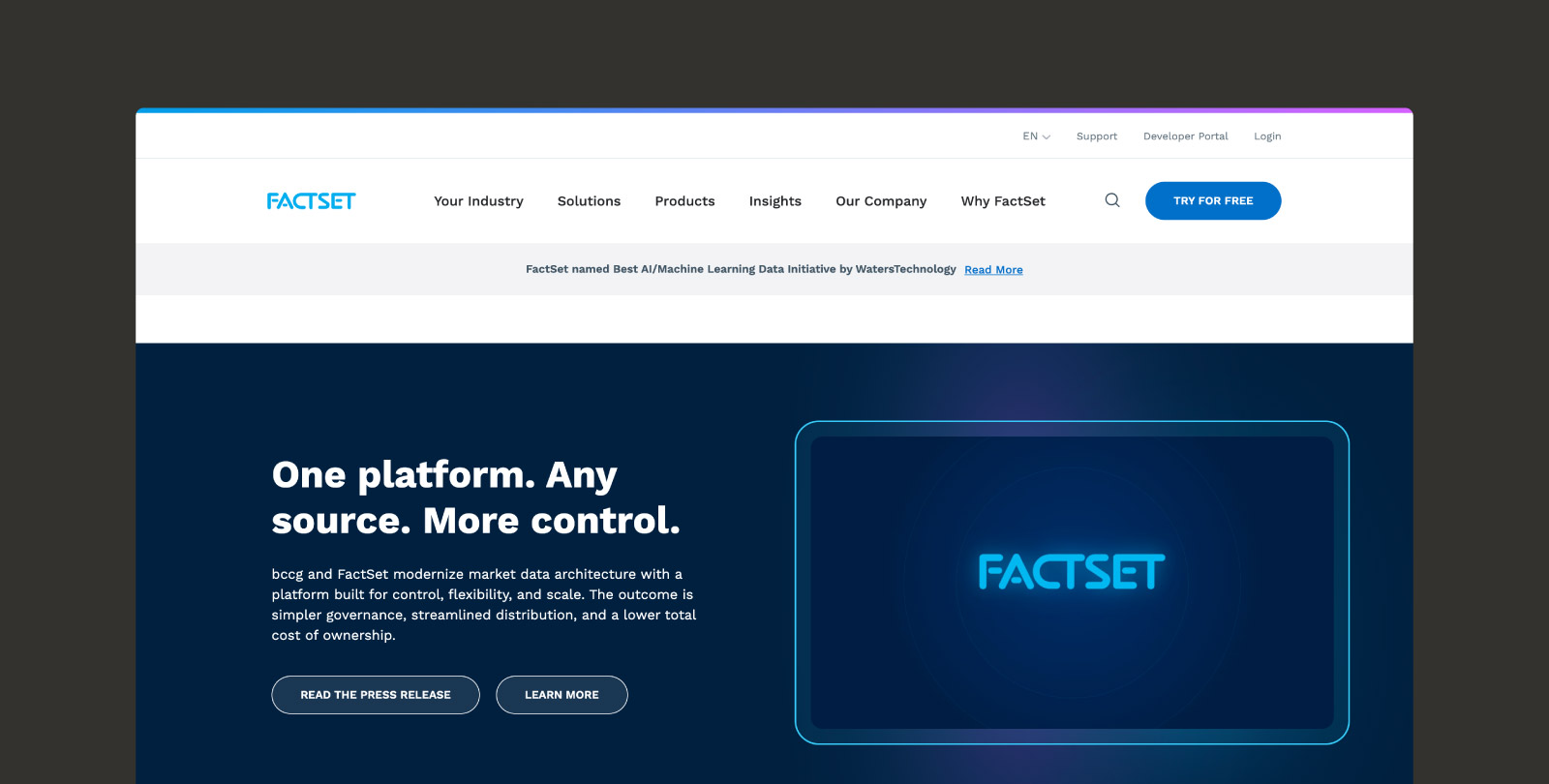 Screenshot of the FactSet homepage.