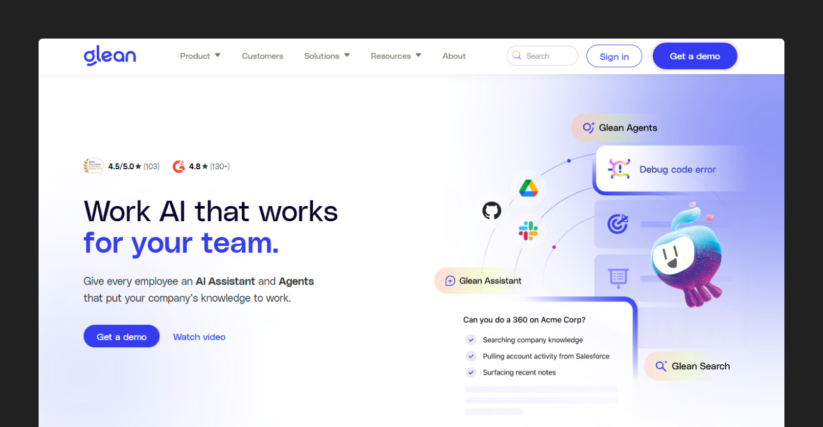 Screenshot of the Glean homepage 