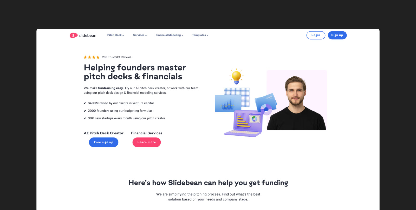 A screenshot of Slidebean‘s homepage.